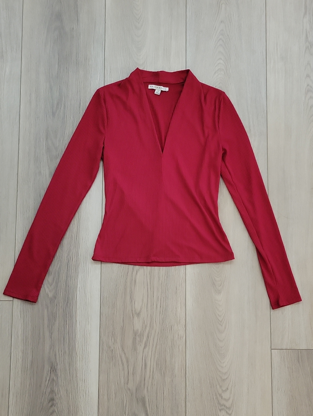 Haute Monde Red Ribbed V-Neck Long Sleeve Top